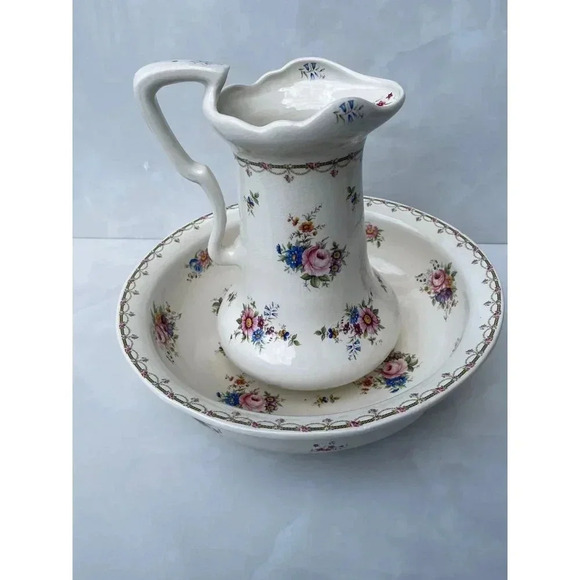 Vintage Ironstone Pitcher and Large Basin Bowl White Pink Flower - Picture 9 of 15